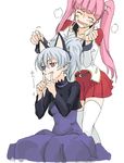  animal_ears blush blushing cat_ears darker_than_black dress drool female grey_hair kayanuma_kiko long_hair multiple_girls nekomimi pink_hair purple_eyes saliva silver_hair skirt thigh_highs thighhighs twin_tails twintails violet_eyes white_background yin 