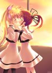  blonde_hair closed_eyes couple fate_testarossa kiss kouzuki_hajime lyrical_nanoha mahou_shoujo_lyrical_nanoha mahou_shoujo_lyrical_nanoha_a's multiple_girls pantyhose red_hair school_uniform seishou_elementary_school_uniform takamachi_nanoha yuri 