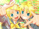  1girl blonde_hair brother_and_sister finger_frame finger_frame_duo green_eyes grin highres junji kagamine_len kagamine_rin siblings smile twins viewfinder vocaloid 