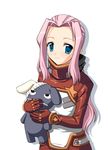  blue_eyes bodysuit darry_adai gloves holding long_hair looking_at_viewer pink_hair red_bodysuit red_gloves simple_background solo stuffed_toy tengen_toppa_gurren_lagann totokichi uniform white_background white_bodysuit 