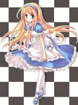  alice_(wonderland) alice_in_wonderland blonde_hair blue_eyes checkered checkered_background dress finger_to_face frills hairband leaning_forward long_hair looking_at_viewer pantyhose ribbon smile solo yukiwo 