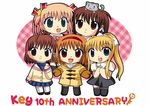  absurdres air animal animal_on_head blonde_hair cat cat_on_head chibi clannad company_connection crossover furukawa_nagisa highres hikarizaka_private_high_school_uniform kamikita_komari kamio_misuzu kanon key_(company) little_busters! multiple_girls natsume_rin nekoashi_tororo on_head school_uniform tsukimiya_ayu 