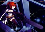  absurdres belt black_gloves black_legwear blue_eyes boots cape chainsaw elbow_gloves floating gloves highres horns huge_filesize miniskirt night original poco_(asahi_age) ponytail red_hair scan short_hair skirt solo thighhighs wallpaper zettai_ryouiki 