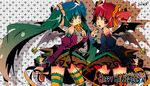  2girls bat_wings bell blue_eyes blue_hair candy detached_sleeves drill_hair halloween hatsune_miku holiday jpeg_artifacts kasane_teto red_eyes red_hair twintails vocaloid w.s wink 