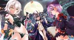  alcohol ass bandages black_panties book cup detached_sleeves fate/apocrypha fate/grand_order fate_(series) flat_chest full_moon hat helena_blavatsky_(fate/grand_order) horns jack_the_ripper_(fate/apocrypha) japanese_clothes looking_at_viewer moon multiple_girls navel panties purple_eyes purple_hair sakazuki sake shirosuzu short_hair shuten_douji_(fate/grand_order) silver_hair smile thighhighs underwear 