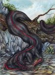  anthro black_scales day detailed_background detailed_scales isvoc nude outside red_eyes reptile scales scalie snake solo tongue traditional_media_(artwork) tree 