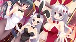  animal_ears bat_wings black_hair blush bow bowtie breasts bunny_ears bunny_tail bunnysuit cleavage demon_girl detached_collar dutch_angle green_eyes grey_eyes highres horn kerberos_blade large_breasts leaning_forward long_hair looking_at_viewer medium_breasts multiple_girls open_mouth pantyhose ponytail red_eyes silver_hair small_breasts sparkle tail wings wrist_cuffs yuyumatsu 