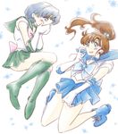  ankle_boots bishoujo_senshi_sailor_moon blue_choker blue_footwear blue_sailor_collar blue_skirt boots choker color_switch covering_mouth full_body green_footwear green_sailor_collar green_skirt hair_bobbles hair_ornament high_ponytail inner_senshi kino_makoto knee_boots kobeya_(tonari_no_kobeya) mizuno_ami multiple_girls ponytail sailor_collar sailor_jupiter sailor_mercury sailor_senshi sailor_senshi_uniform skirt 