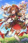  aliche_(chain_chronicle) artist_request bag beret blue_eyes boots braid brown_hair chain_chronicle coat detached_sleeves flower frills gem grass hair_ornament hat headband holding necktie official_art open_mouth pleated_skirt skirt smile solo staff thighhighs white_legwear zettai_ryouiki 