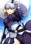  armor armored_dress blonde_hair blue_eyes braid breasts capelet day fate/apocrypha fate_(series) flag gauntlets headpiece highres holding holding_weapon jeanne_d'arc_(fate) jeanne_d'arc_(fate)_(all) large_breasts looking_at_viewer open_mouth outdoors oyaji-sou single_braid sky solo sword weapon 