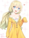 2016 bad_id bad_pixiv_id bangs bare_shoulders blonde_hair blue_eyes blush breasts collarbone dated dress eyebrows eyebrows_visible_through_hair hair_between_eyes idol_connect kanzaki_muyu long_hair long_sleeves looking_at_viewer low_twintails nipple_slip nipples november off_shoulder open_mouth simple_background sleeves_past_wrists small_breasts smile solo twintails yellow_dress yuzuki_miyu 