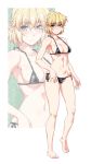  1girl bare_legs barefoot bikini black_bikini blonde_hair blush breasts cleavage collarbone eyebrows_visible_through_hair frown green_eyes looking_at_viewer medium_breasts micro_bikini mizuhashi_parsee navel ootsuki_wataru pointy_ears short_hair side-tie_bikini solo stomach swimsuit touhou zoom_layer 