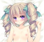  absurdres bed_sheet blush breasts brown_hair collarbone drill_hair hair_ribbon highres long_hair looking_at_viewer lying nipples on_back original parted_lips purple_eyes ribbon satsuki_misuzu small_breasts solo topless twin_drills twintails 