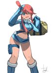  10s 1girl artist_request boots breasts female fuuro_(pokemon) gloves gym_leader hair_ornament long_hair looking_at_viewer nintendo pokemon pokemon_(game) pokemon_bw red_hair salute side_ponytail wink 