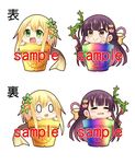  blonde_hair bow brown_hair chibi flower_knight_girl flower_pot green_eyes hair_ornament ionocidium_(flower_knight_girl) kadose_ara katabami_(flower_knight_girl) long_hair multiple_girls sample smile weapon white_background yellow_eyes 