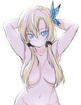  aqua_eyes armpits arms_behind_head arms_up bangs blonde_hair blush boku_wa_tomodachi_ga_sukunai breasts bug butterfly butterfly_hair_ornament cleavage convenient_censoring hair_between_eyes hair_censor hair_ornament hair_over_breasts hair_scrunchie insect kashiwazaki_sena large_breasts long_hair looking_at_viewer low_twintails navel nude onsoku_maru out-of-frame_censoring scrunchie simple_background solo twintails white_background 