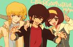  2boys akiyamabc asuka_ryou black_eyes black_hair blonde_hair blue_eyes brown_eyes brown_hair claw_pose coat cyborg_009_vs_devilman devilman eyebrows fudou_akira gakuran hairband makimura_miki multiple_boys neckerchief one_eye_closed sandwiched school_uniform serafuku short_hair sideburns smile turtleneck v 