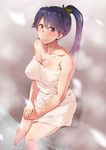  bare_shoulders black_hair blue_eyes breasts covered_nipples houshou_(kantai_collection) kantai_collection kunifuto large_breasts long_hair looking_at_viewer naked_towel onsen ponytail sitting smile solo towel 