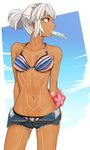  altera_(fate) arms_behind_head bikini blue_shorts breasts cleavage dark_skin denim denim_shorts fate/extella fate/extra fate_(series) flower food full_body_tattoo i-pan md5_mismatch medium_breasts navel ponytail popsicle red_eyes shorts solo swimsuit tattoo white_hair 