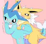  blush cum cum_in_pussy cum_inside duo eeveelution female feral from_behind_position japanese_text jolteon letsuo male male/female nintendo penetration penis pok&eacute;mon pussy sex text uncensored vaginal vaginal_penetration vaporeon video_games 
