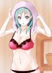  :o absurdres aqua_eyes aqua_hair armpits arms_up bare_shoulders blush bra breasts breath cleavage daiyounito groin highres kantai_collection lace lace_bra large_breasts long_hair looking_at_viewer navel panties parted_lips pink_bra pink_panties solo suzuya_(kantai_collection) towel towel_on_head underwear 