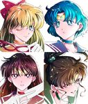  aino_minako bishoujo_senshi_sailor_moon black_hair blonde_hair blue_choker blue_hair blue_sailor_collar brown_hair choker circlet colored_eyelashes earrings face green_choker green_sailor_collar half_updo hino_rei inner_senshi jewelry kino_makoto kobeya_(tonari_no_kobeya) mask mizuno_ami multiple_girls one_eye_closed orange_choker orange_sailor_collar red_sailor_collar sailor_collar sailor_jupiter sailor_mars sailor_mercury sailor_senshi sailor_senshi_uniform sailor_venus serious stud_earrings upper_body white_background 