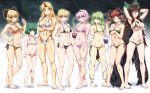  6+girls arms_behind_back bare_legs barefoot bikini black_bikini blonde_hair blush bow_bikini breasts brown_hair cleavage collarbone commentary_request embarrassed eyebrows_visible_through_hair feet frown green_eyes green_hair hair_between_eyes hair_bobbles hair_ornament highres hoshiguma_yuugi kaenbyou_rin kisume komeiji_koishi komeiji_satori kurodani_yamame looking_at_viewer medium_breasts micro_bikini mizuhashi_parsee multiple_girls navel ootsuki_wataru pink_eyes pink_hair pointy_ears purple_bikini red_hair reiuji_utsuho short_hair side-tie_bikini small_breasts smile stomach subterranean_animism swimsuit third_eye touhou twintails white_bikini 