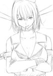  arm_strap beret breasts choker cleavage collarbone commentary_request crossed_arms gloves greyscale grin hat headgear highres kantai_collection large_breasts maya_(kantai_collection) monochrome neckerchief niwatazumi shirt short_hair sketch sleeveless sleeveless_shirt smile solo upper_body white_background 