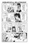  2girls 4koma anger_vein animal_ears bandage_over_one_eye blood blush broken_teeth check_translation comic desk greyscale hair_between_eyes hat long_hair minami_aomori monochrome multiple_girls original police police_uniform policewoman short_hair tail translation_request uniform wolf_ears wolf_girl wolf_tail 