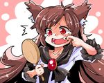  animal_ears blouse blush brooch brown_hair fangs frilled_sleeves frills imaizumi_kagerou jewelry long_hair long_sleeves mirror mouth_pull open_mouth red_eyes shinapuu solo touhou very_long_hair white_blouse wolf_ears 