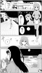  2girls bag bench building comic commentary_request full_moon girls_und_panzer greyscale hand_in_hair highres long_hair long_sleeves monochrome moon multiple_girls night nishizumi_miho no_hairband ocean open_mouth pajamas reizei_mako road shoes shopping_bag short_hair short_sleeves sidewalk smile spoken_exclamation_mark street translated wind yawaraka_black 