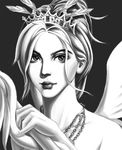  bare_shoulders closed_mouth crown eyelashes eyeliner eyeshadow face fingernails greyscale grossic highres holding holding_staff jewelry lips looking_at_viewer makeup mascara mercy_(overwatch) monochrome necklace nose overwatch ponytail portrait short_hair solo spread_wings staff wings 