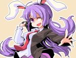  animal_ears blazer bunny_ears dress_shirt highres jacket long_hair long_sleeves necktie one_eye_closed open_clothes open_jacket open_mouth pink_skirt purple_eyes purple_hair reisen_udongein_inaba shinapuu shirt skirt solo touhou very_long_hair 