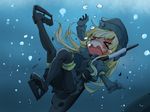  &gt;_&lt; air_bubble blonde_hair bubble closed_eyes failure garrison_cap hat highres kantai_collection long_hair open_mouth shinapuu sinking snorkel solo submerged u-511_(kantai_collection) underwater 