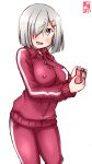  1girl alternate_costume blue_eyes blush breasts camera cosplay eyes_visible_through_hair hair_ornament hair_over_one_eye hairclip hamakaze_(kantai_collection) highres hoshino_miyako_(wataten) hoshino_miyako_(wataten)_(cosplay) jacket kanon_(kurogane_knights) kantai_collection large_breasts open_mouth short_hair silver_hair simple_background solo sportswear track_jacket track_suit white_background 