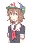  beer_hat black_serafuku blush_stickers brown_eyes brown_hair commentary hat kantai_collection kvlen neckerchief open_mouth school_uniform serafuku shiratsuyu_(kantai_collection) smile solo spongebob_squarepants upper_body 