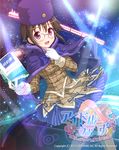  2015 :d blue_skirt book brown_hair capelet company_name copyright_name gloves ground_vehicle hat holding holding_book idol_wars_z miku_tono night night_sky official_art open_mouth purple_hat searchlight skirt sky smile solo train watermark white_gloves 