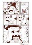  2girls 2koma bag cape closed_eyes collar comic commentary contemporary door doorbell eating food food_on_face halloween hat highres holding holding_food horns jack-o'-lantern kantai_collection long_hair mittens monochrome moomin multiple_girls muppo northern_ocean_hime sazanami_konami sepia shinkaisei-kan sidelocks staff translated twitter_username witch witch_hat 