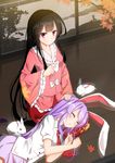  animal_ears black_hair bunny bunny_ears closed_eyes closed_mouth houraisan_kaguya japanese_clothes lap_pillow long_hair long_sleeves multiple_girls necktie open_mouth purple_hair red_eyes reisen_udongein_inaba sleeping smile touhou very_long_hair wide_sleeves xialuluo_(sharuro) 