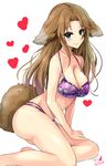  animal_ears aqua_eyes arm_support bare_arms bare_legs bare_shoulders bikini breasts brown_hair cleavage closed_mouth collarbone dated dog_ears dog_tail eyebrows eyebrows_visible_through_hair floral_print heart highres idolmaster idolmaster_cinderella_girls kemonomimi_mode large_breasts long_hair looking_at_viewer matsumoto_sarina natsu_(anta_tte_hitoha) purple_bikini signature simple_background sitting smile solo swimsuit tail white_background 