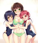 adjusting_clothes adjusting_swimsuit ass bikini black_hair blue_eyes blue_swimsuit breasts brown_hair chestnut_mouth chimame-tai cleavage collarbone competition_school_swimsuit girl_sandwich gochuumon_wa_usagi_desu_ka? green_bikini green_eyes groin hand_on_another's_hip holding_hands interlocked_fingers jouga_maya large_breasts long_hair looking_at_viewer multiple_girls natsu_megumi navel niiya one-piece_swimsuit open_mouth red_eyes red_hair sandwiched school_swimsuit short_hair smile swimsuit ujimatsu_chiya yellow_eyes 