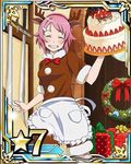  animal_ears antlers apron bow box cake card_(medium) closed_eyes fake_animal_ears fake_horns food gift gift_box grin hair_ornament hairband hairclip lisbeth number official_art pink_hair red_bow red_hairband reindeer_antlers reindeer_ears short_hair smile solo star sword sword_art_online sword_art_online:_code_register weapon white_apron 