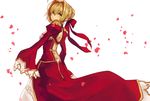  ahoge blonde_hair bow dress epaulettes fate/extra fate_(series) greatpengh green_eyes hair_bow highres long_hair looking_at_viewer nero_claudius_(fate) nero_claudius_(fate)_(all) petals red_bow red_dress simple_background smile solo white_background 