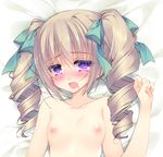 absurdres bed_sheet blush breasts brown_hair collarbone drill_hair drooling hair_ribbon half-closed_eyes highres long_hair looking_at_viewer lying nipples on_back open_mouth original purple_eyes ribbon satsuki_misuzu small_breasts solo tearing_up topless twin_drills twintails 