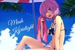  beach_umbrella bikini blue_sky bow_bikini breasts cloud day fate/grand_order fate_(series) glasses greatpengh hair_over_one_eye highres holding holding_towel looking_at_viewer mash_kyrielight medium_breasts navel open_mouth outdoors purple_eyes purple_hair short_hair sky smile solo swimsuit towel umbrella water_drop white_bikini 