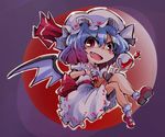  :d alcohol bat_wings blue_hair bow crazy_smile cup drinking_glass hat moon night open_mouth red_eyes red_moon remilia_scarlet ribbon shinapuu short_hair smile solo touhou v-shaped_eyebrows wine wine_glass wings 