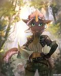  2016 anthro belt black_scales clothed clothing digital_media_(artwork) dragon ear_piercing eyewear female fingerless_gloves fur gloves goggles gold_fur green_eyes hair hihikori horn hybrid kirin midriff nashira piercing scales smile solo standing tree 