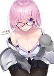  absurdres bad_id bad_twitter_id bangs bare_shoulders black-framed_eyewear black_legwear blazer blue_eyes blush breasts cleavage collarbone commentary_request eyebrows eyebrows_visible_through_hair eyes_visible_through_hair fate/grand_order fate_(series) from_above glasses hair_behind_eyewear hair_over_one_eye highres jacket kou_mashiro large_breasts long_sleeves looking_at_viewer looking_up mash_kyrielight off_shoulder one_eye_closed open_mouth pantyhose pink_hair pleated_skirt purple_eyes short_hair signature simple_background sitting skirt sleeves_past_wrists solo strap_slip wavy_mouth white_background 