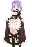  absurdres collar dungeons_&amp;_princess eyebrows eyebrows_visible_through_hair heart heart-shaped_pupils highres long_hair looking_at_viewer maid_headdress open_mouth orochi_itto purple_eyes purple_hair simple_background skirt_hold solo symbol-shaped_pupils twintails white_background 
