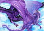  day dragon duo feathered_wings feathers feral flying fur horn isvoc membranous_wings open_mouth outside purple_eyes purple_feathers purple_fur sky smile teeth tongue traditional_media_(artwork) wings 
